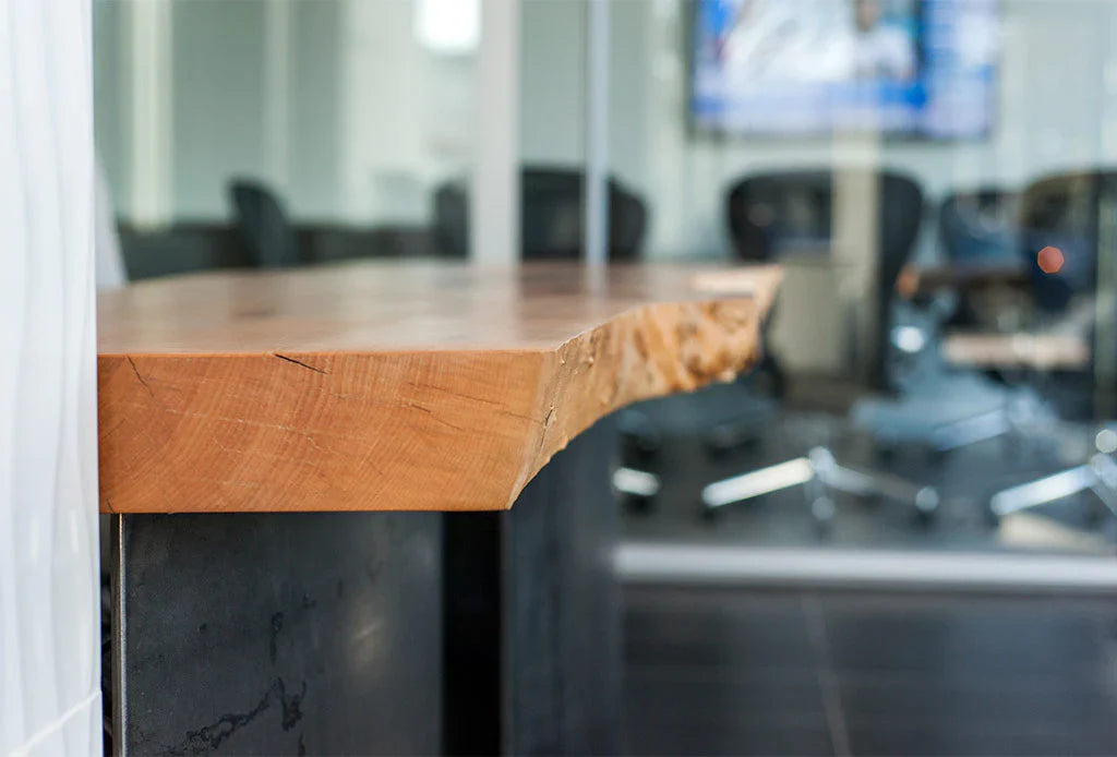 Reception Desk Envy: Live Edge Curved Metal Office Installation