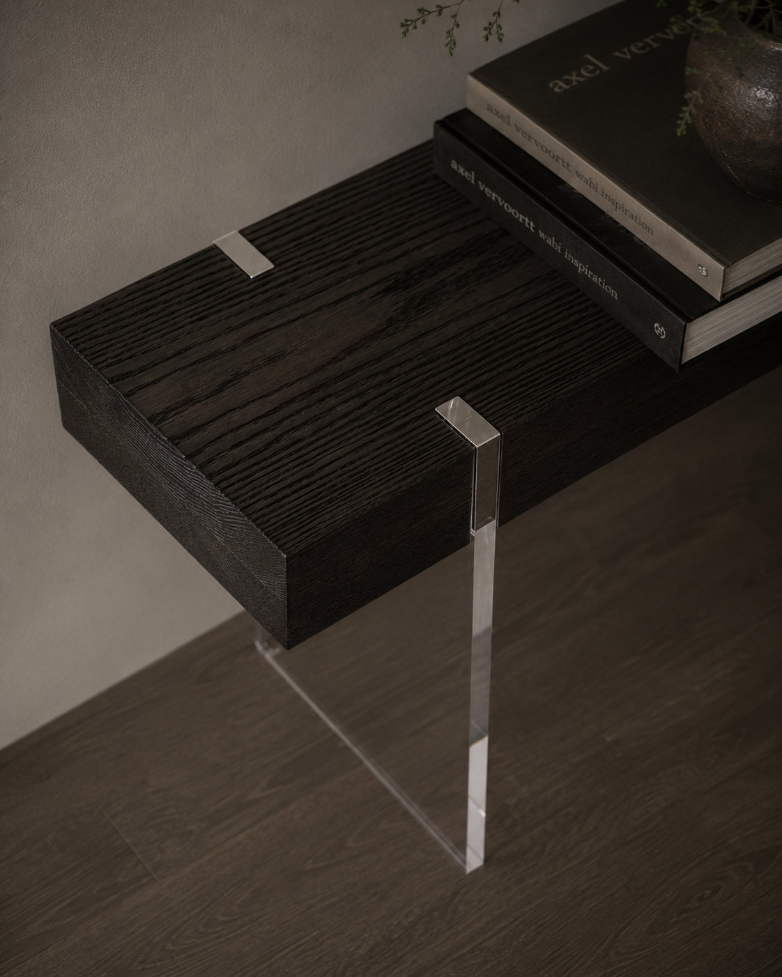 Tillikum Bench — Torched Oak & Clear Acrylic