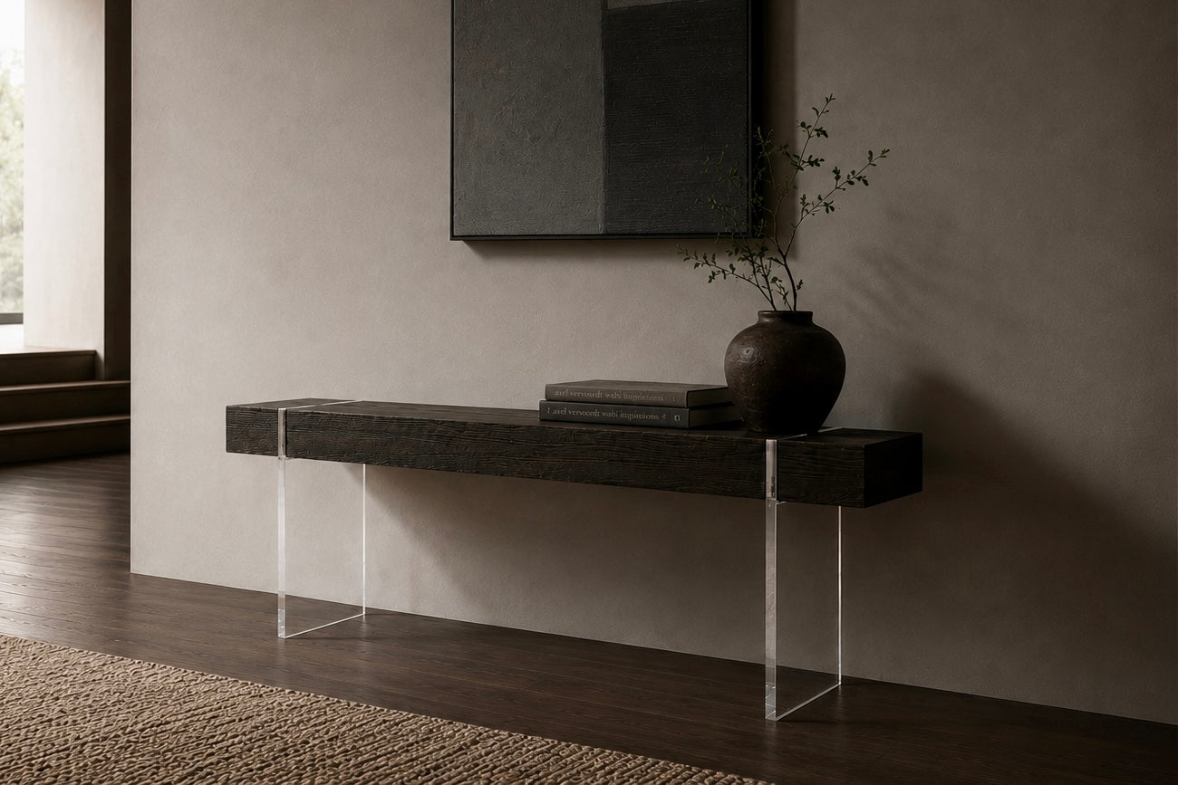 Tillikum Bench — Torched Oak & Clear Acrylic