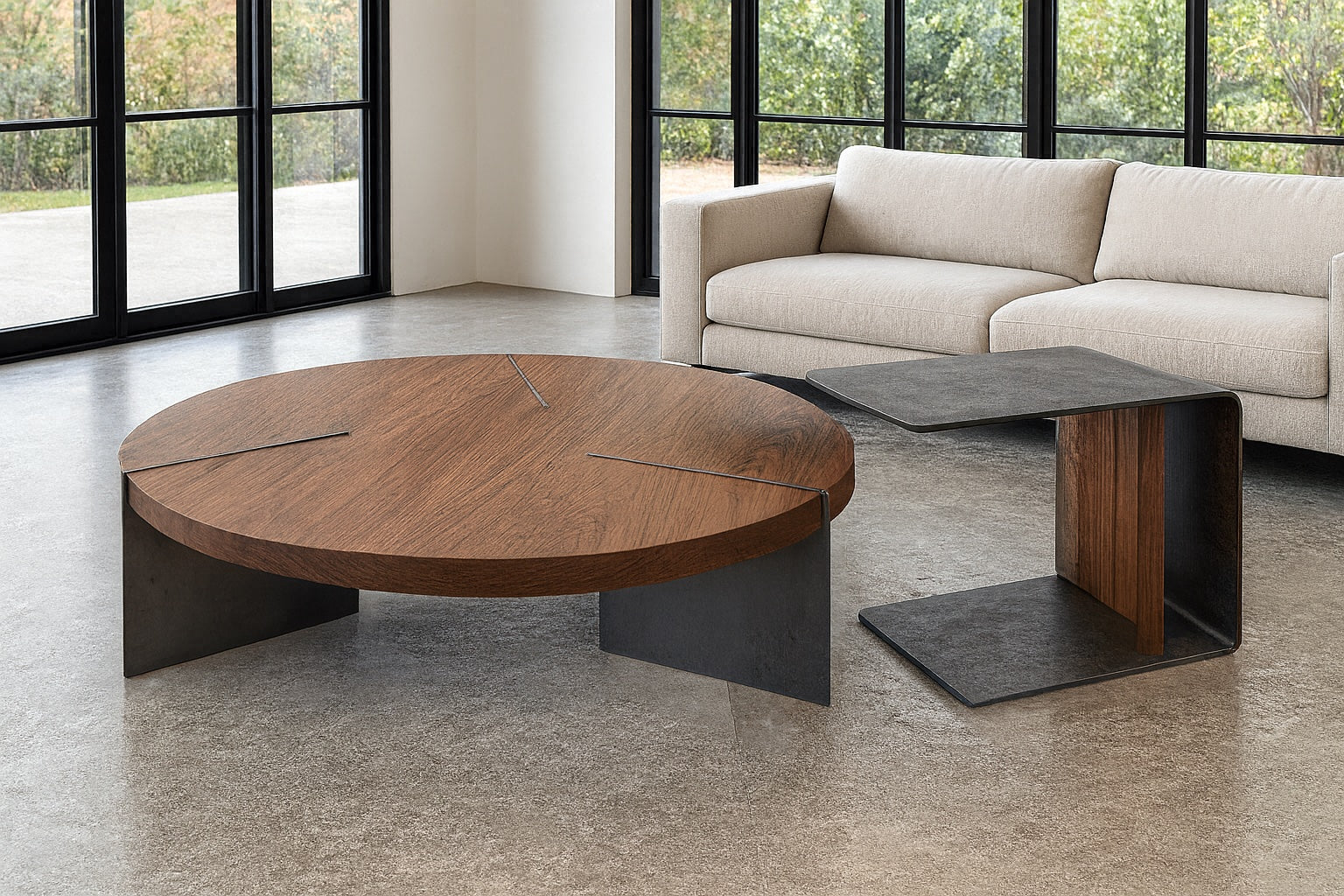 Walnut nesting coffee table set with blackened steel side table in modern living room