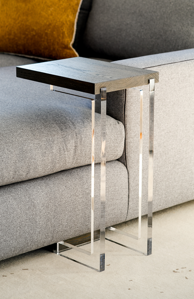 Solid wood side table—sculptural form with optional acrylic or steel accents, sustainable design from BC