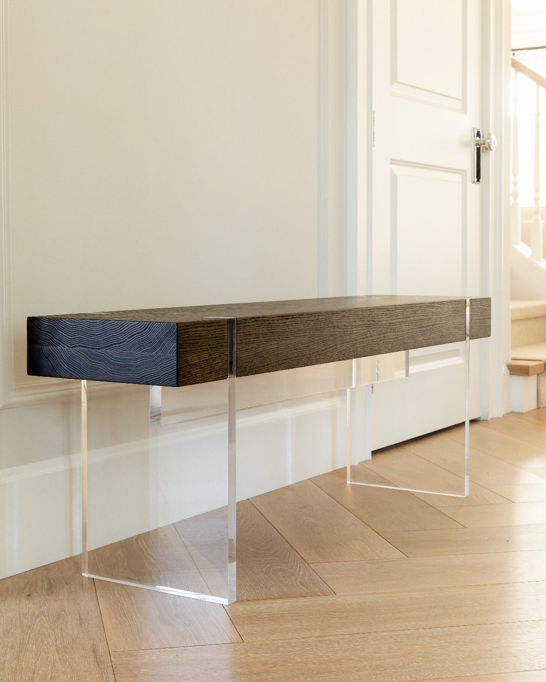 Tillikum Bench — Torched Oak & Clear Acrylic